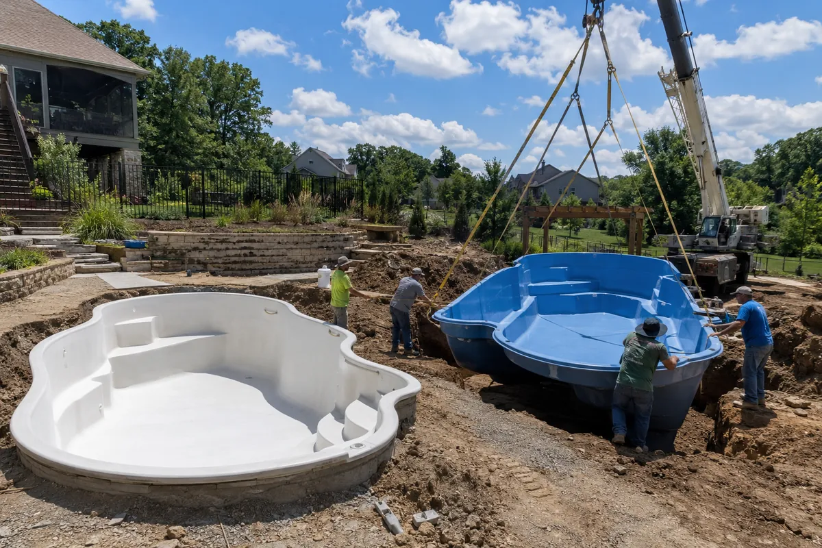 A crane lowers a fiberglass pool shell beside finished gunite walls at a backyard construction site