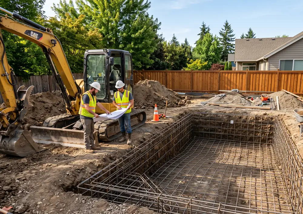 An excavated pool site with rebar grid as workers review plans beside an excavator
