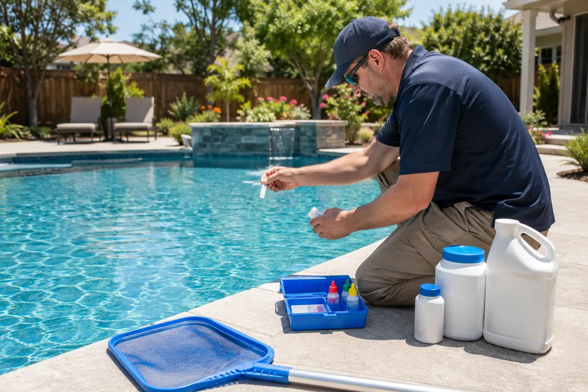 A pool technician tests water at the edge of a sparkling backyard pool