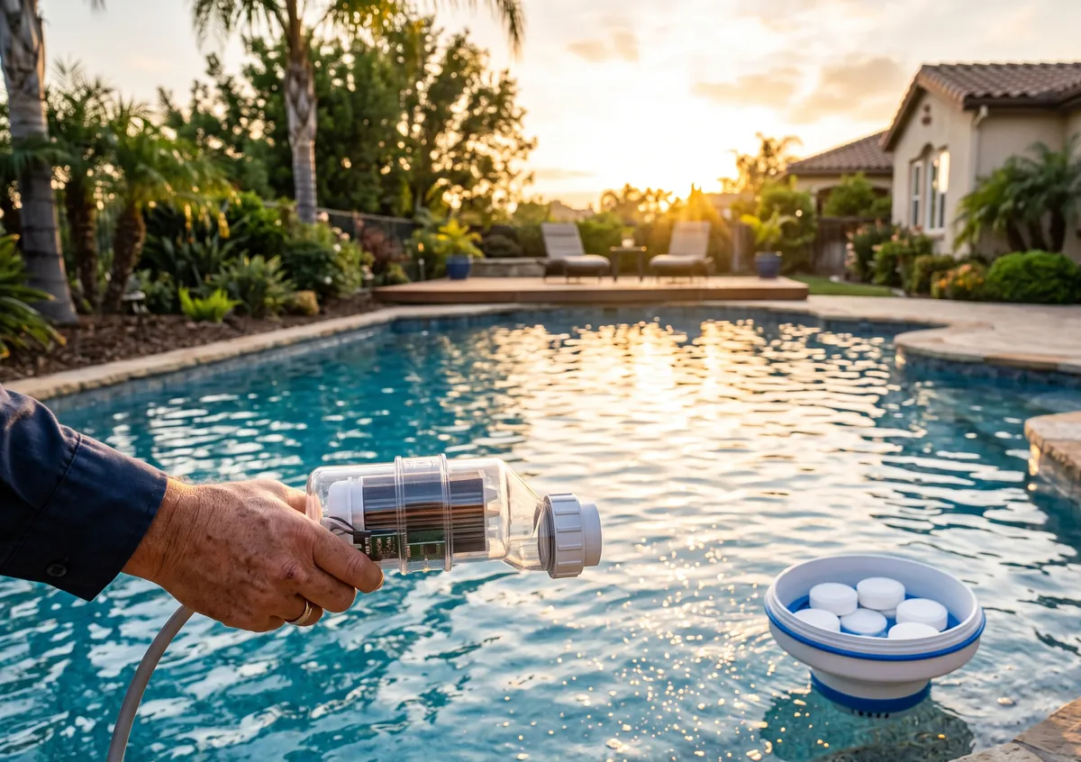 A saltwater chlorinator cell and a floating chlorine dispenser frame a sparkling pool at golden hour